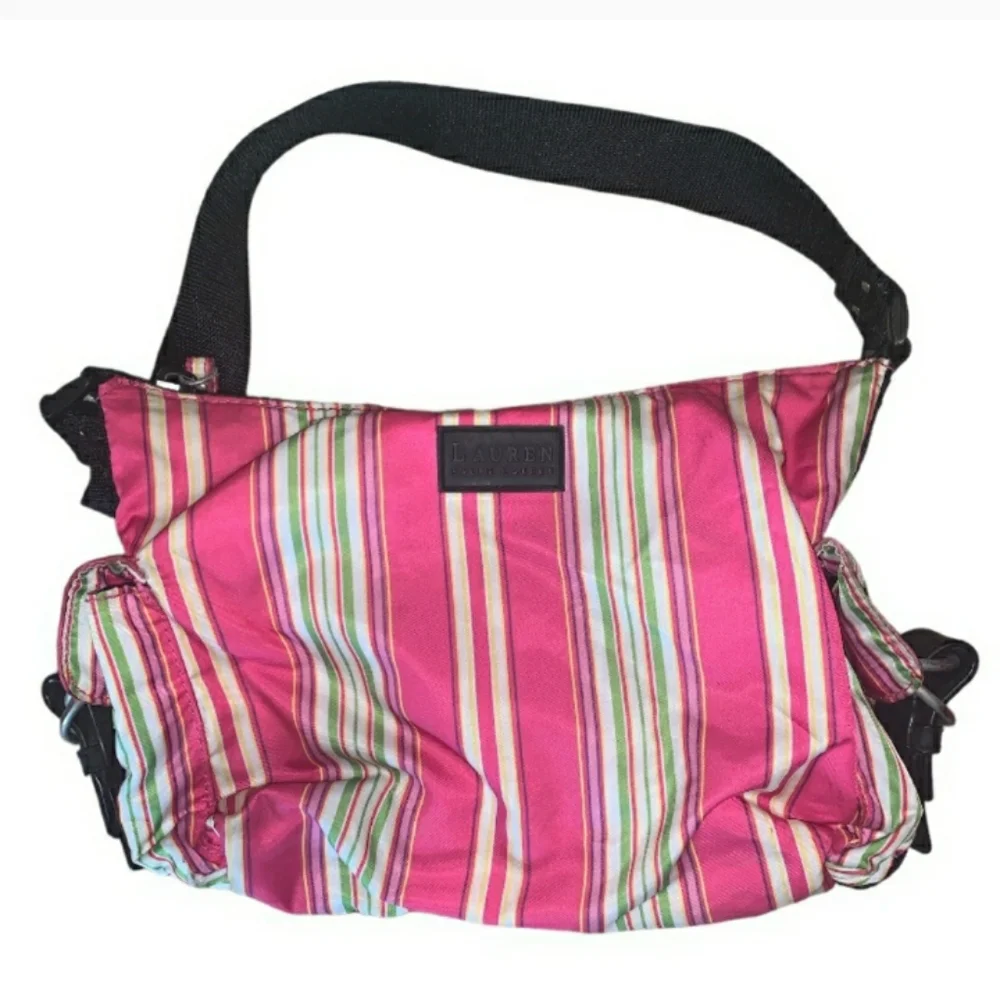 Lauren Ralph Lauren Pink Multicolor Stripe Mini Shoulder Bag with Black Strap
